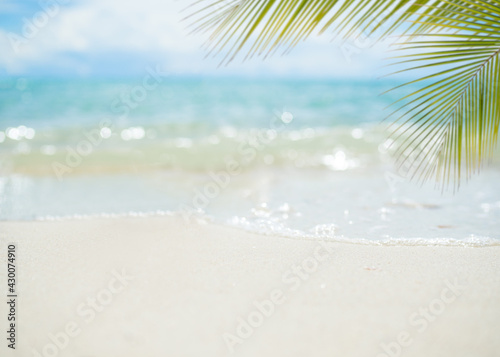 Fototapeta Naklejka Na Ścianę i Meble -  Sand beach with leaves palm or coconut and soft wave at coast with blue sea and blue sky. nature ocean outdoor. tourist vacation summer travel in holidays.