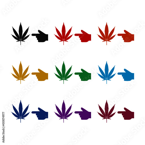 Pointing hand icon with a marijuana leaf isolated on white background color set