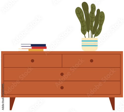 Bedroom nightstand vector illustration. Wooden bedside table in flat design for bedroom. Nightstand with drawers and shelves isolated on white background. Cartoon furniture or decoration icon