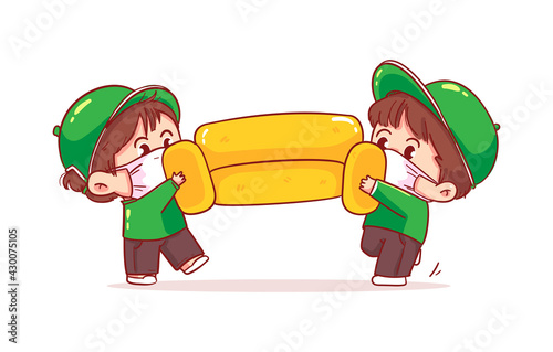 Delivery character man movers carry sofa, Moving service cartoon art illustration