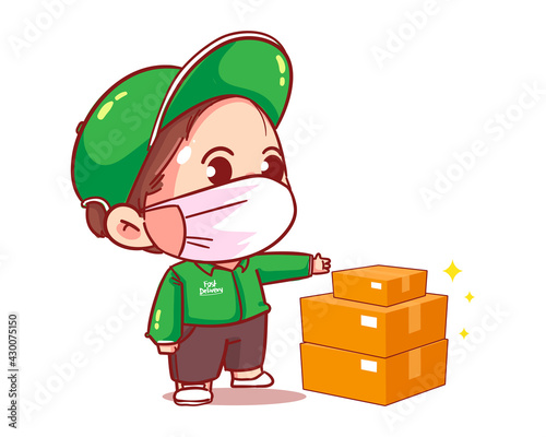 Delivery man parcel handover to customer cartoon art illustration