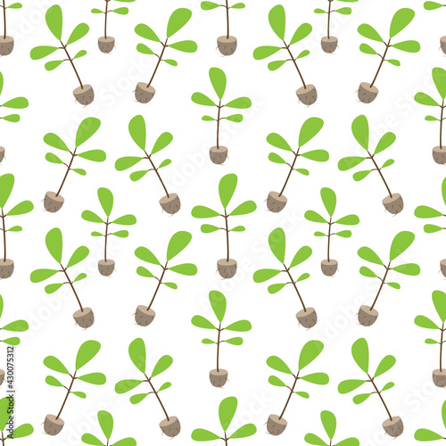 Tree sapling with roots and ground seamless pattern. Sprout of a young green tree. vector cartoon illustration