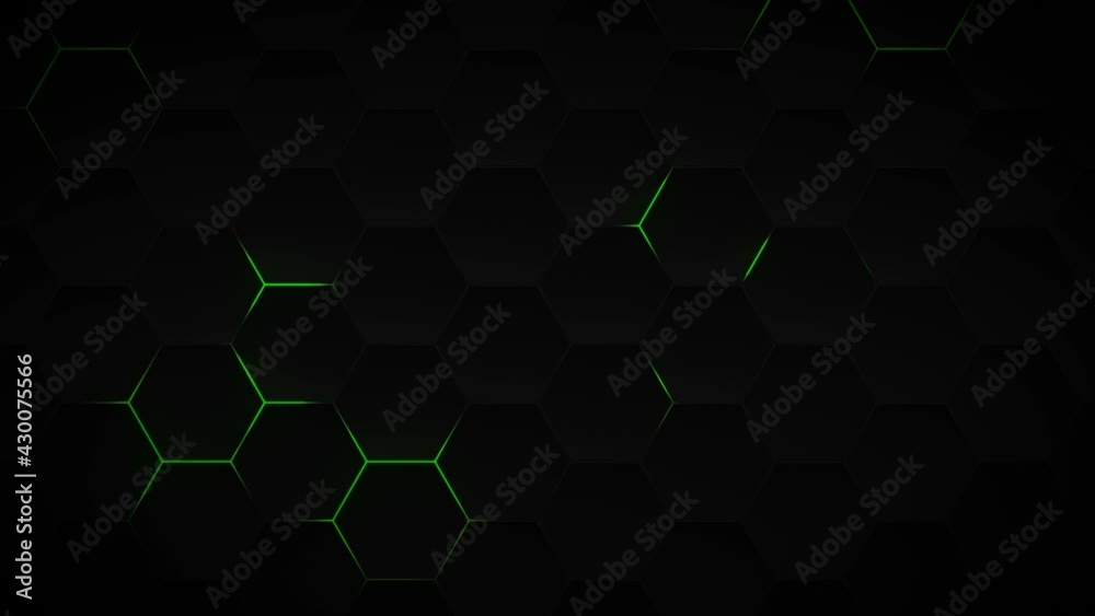 Abstract dark hexagon pattern on green neon background technology style. Modern futuristic honeycomb concept.