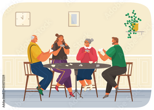 Cheerful family plays cards. Joyful man and women sit together at home at chairs, talk and rest. Home activities and entertainment. Young and elderly people with board game spend time in living room