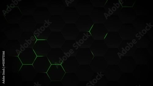 Abstract dark hexagon pattern on green neon background technology style. Modern futuristic honeycomb concept.