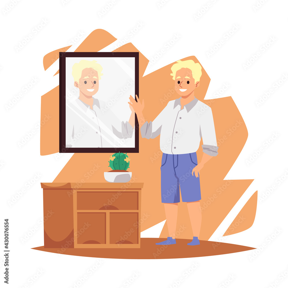 Man cartoon character looking at mirror, flat vector illustration isolated.