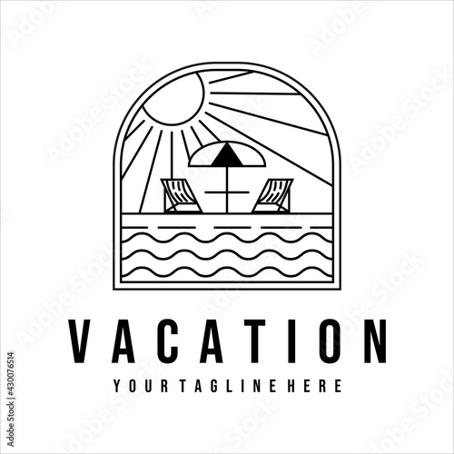 vacation on the beach logo line art illustration template design. tropical island with terrace cafe summer logo line art with badge concept design