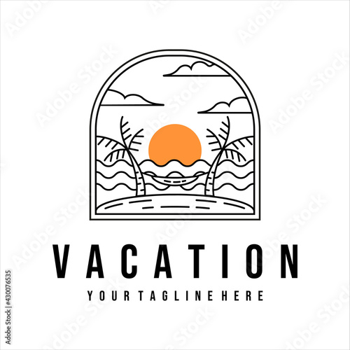 vacation or beach logo line art vector illustration template design. tropical island with hammock on the beach palm tree for vacation logo line art with badge vector illustration concept design