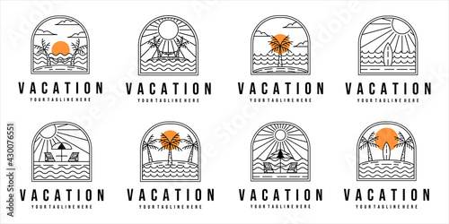 set of vacation on the beach logo line art vector illustration template design. bundle collection with various tropical island badge concept illustration design