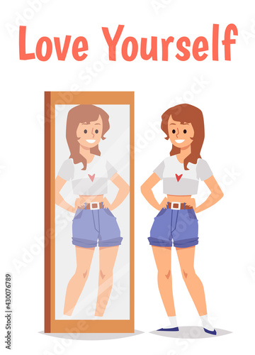 Love yourself banner with woman in front of mirror, flat vector illustration.