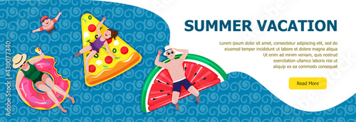 Illustration vector flat cartoon of family , children floating water at pool party.