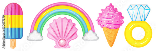 Illustration vector cute cartoon of inflatable mattress collection. Ice cream stick, rainbow with cloud,pearl,ice cream cone,diamond ring isolated on white background for decorate pool party on summer