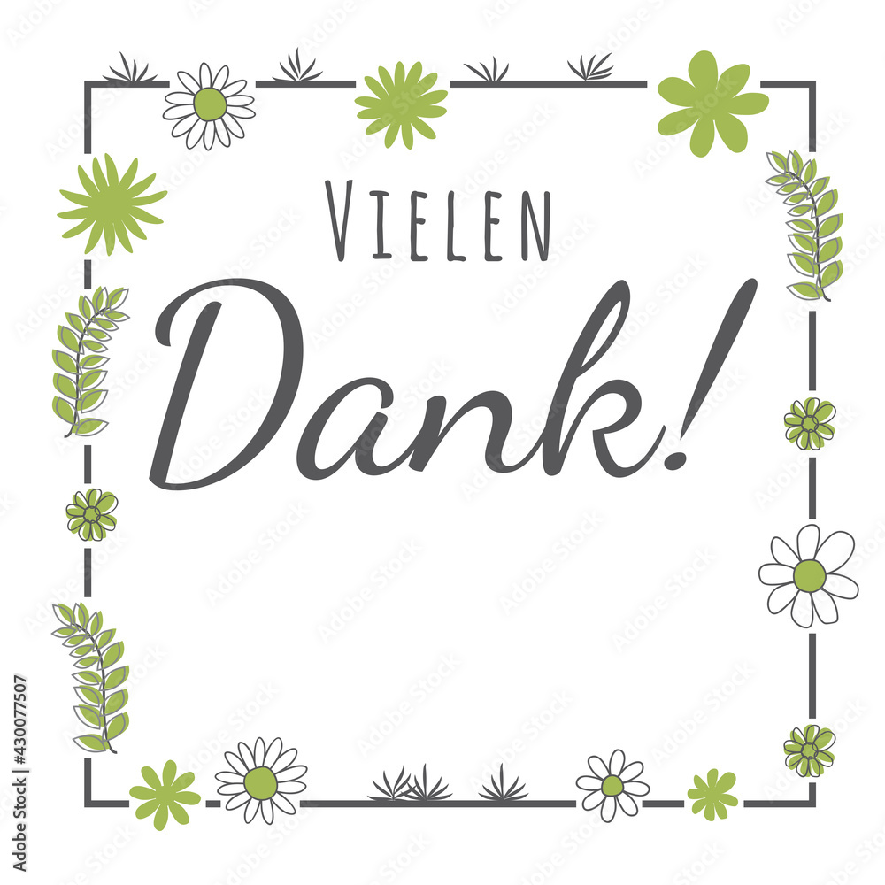 Vielen Dank Schriftzug Handschrift mit grünen Blumen, quadratisch Stock