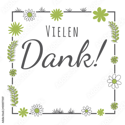 Vielen Dank Schriftzug Handschrift mit grünen Blumen, quadratisch