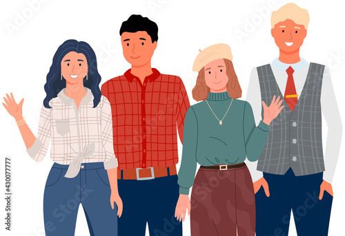People greeting gesture. Different nations representatives waving hand saying hi. Men, women say hello. People waving hands and gesturing in friendly way. Characters wave their hand and say welcome hi