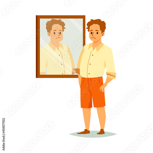 Man experiences a problem of self acceptance, flat vector illustration isolated.