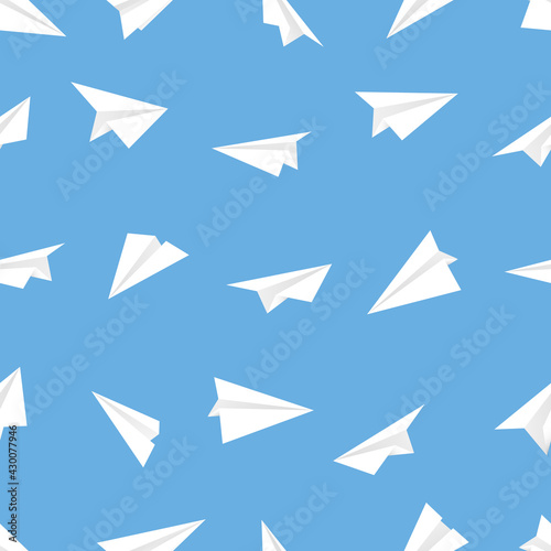 Free Download Seamless pattern with paper planes aircraft. Flying aircrafts on blue background. Vector background mockup, illustration with airplanes made as origami from paper. White airplanes on pattern layout - GFXLoad