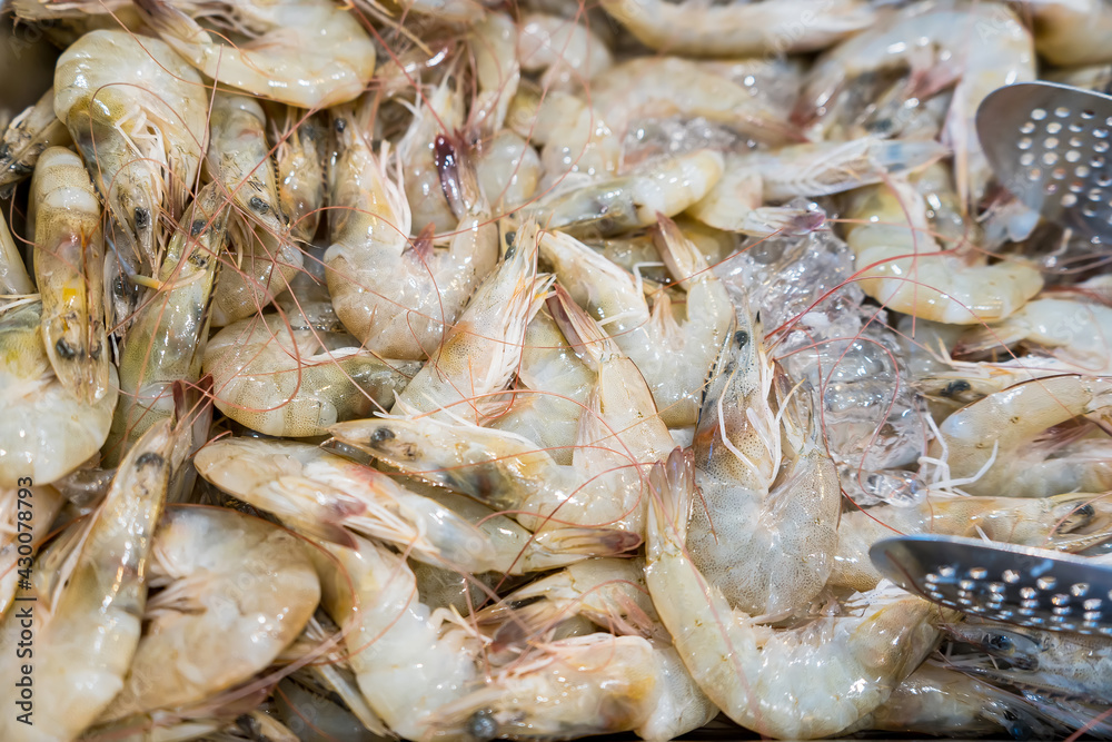 Fresh prawns in a grilled buffet restaurant in Thailand
