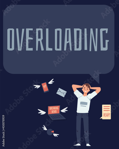 Information overloading poster with man in panic, flat vector illustration.