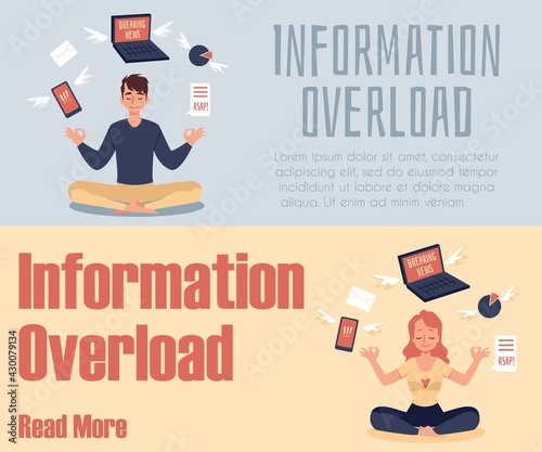 Set of banners on the topic of information overload, flat vector illustration.
