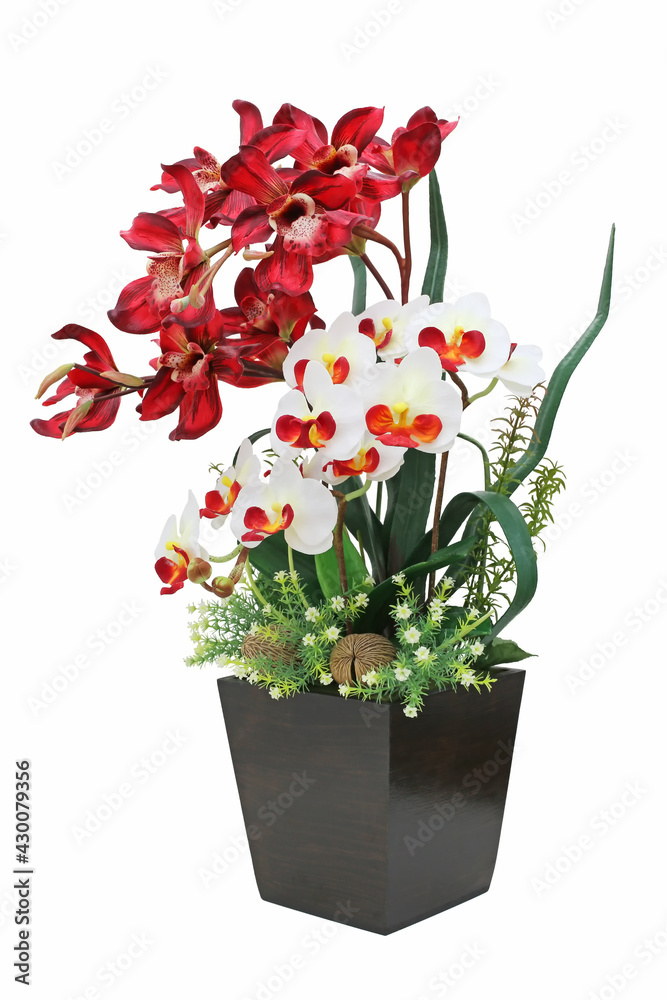 Fake of red and white orchid flowers in pot with isolated on white background.