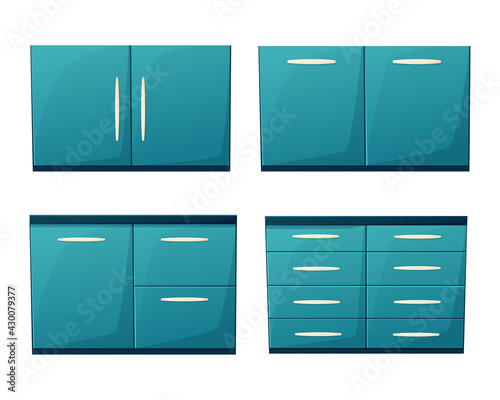Vector illustration of a kitchen set in a cartoon style. Cabinets, shelves. Isolated on white background
