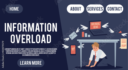 Information overload website banner with businessman, flat vector illustration.