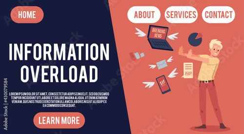 Site on information overload topic with stressed man, flat vector illustration.