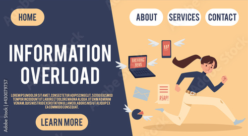 Girl overloading by information in stress run from pressure internet data stream