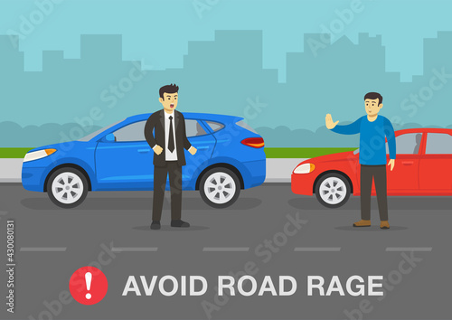 Two young drivers about to fight on the road. One driver shows stop gesture. Avoid road rage warning design. Flat vector illustration template.