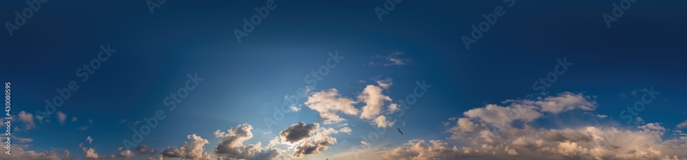 Fototapeta premium Blue sky panorama with Cirrus clouds in Seamless spherical equirectangular format. Full zenith for use in 3D graphics, game and editing aerial drone 360 degree panoramas for sky replacement.