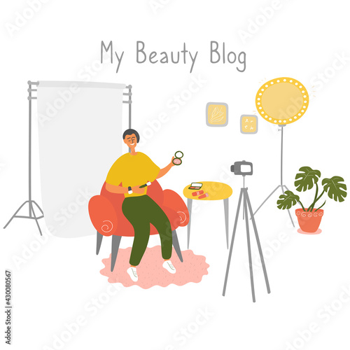 Influencer guy shoots cosmetics product review. Male beauty blogger filming makeup tutorial on camera. Young man is recording video for his followers. Stylist tips vlog. Vector flat illustration