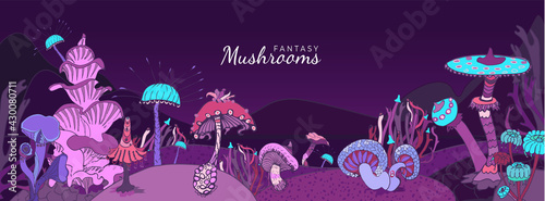 Fantasy background with various mushrooms. Beautiful magic landscape, hand drawn concept. Cute cover social network. Vector illustration.