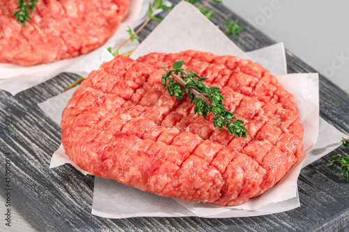 Raw minced beef patties for burgers. Raw meat for hamburgers. Beef cutlets.