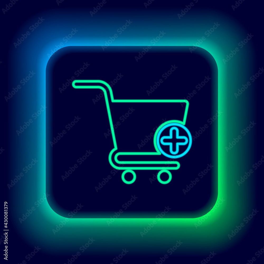 Glowing neon line Add to Shopping cart icon isolated on black background. Online buying concept. Delivery service sign. Supermarket basket symbol. Colorful outline concept. Vector Glowing neon line Add to Shopping cart icon isolated on black background. Online buying concept. Delivery service sign. Supermarket basket symbol. Colorful outline concept. Vector