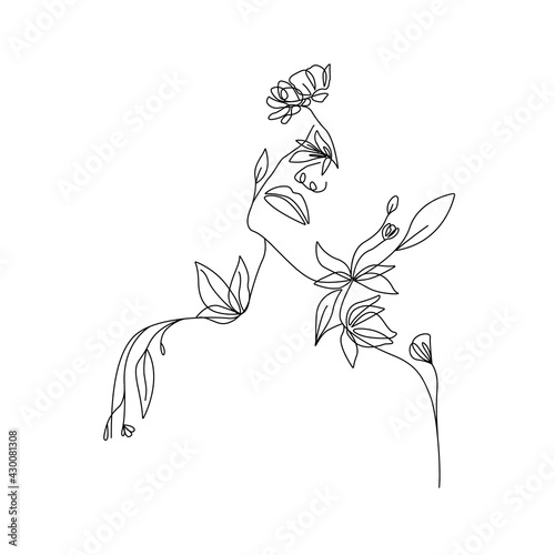 Woman Head with Leaves and Flowers One Line Drawing. Continuous Line Woman and Flowers, Leaves. Abstract Contemporary Design Template for Covers, t-Shirt Print, Postcard, Banner etc. Vector EPS 10.
