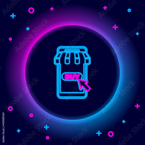 Glowing neon line Mobile phone and shopping cart with striped awning icon isolated on black background. Online buying symbol. Supermarket basket symbol. Colorful outline concept. Vector