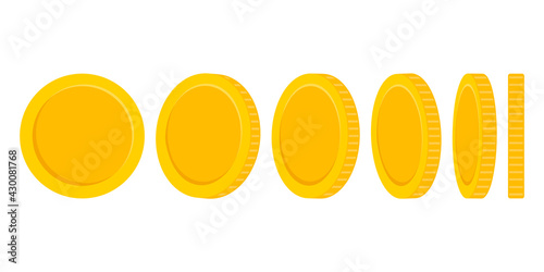 Set of rotating gold coins isolated on white background. Vector illustration.