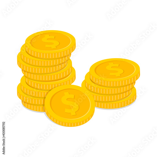 Stack of coins. Pile of gold coins. Golden penny cash pile, treasure heap. Vector illustration.