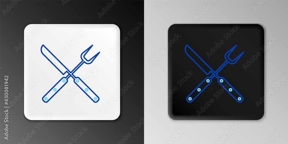 Line Crossed fork and knife icon isolated on grey background. BBQ fork and knife sign. Barbecue and grill tools. Colorful outline concept. Vector Line Crossed fork and knife icon isolated on grey background. BBQ fork and knife sign. Barbecue and grill tools. Colorful outline concept. Vector
