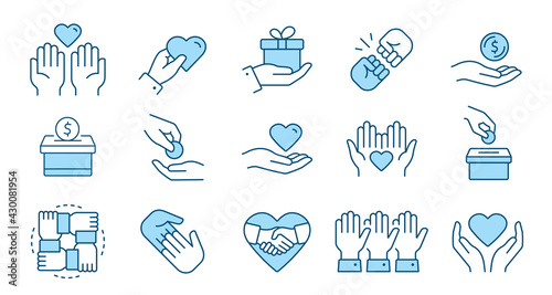 Charity line icon set. Collection of humanitarian, volunteer, hope and more. Vector illustration. Editable stroke.
