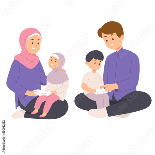 Muslim family of mother and father wear hijab teaching children reading holy book quran storytelling in house