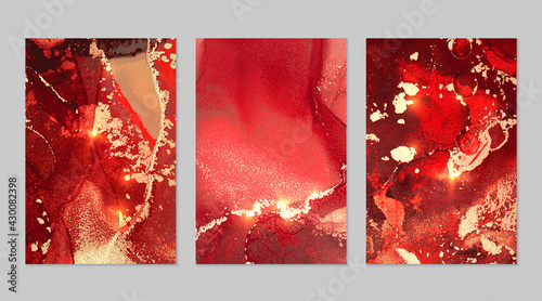 Set of marble patterns. Scarlet red and gold geode textures with glitter. Abstract vector background in alcohol ink technique. Modern paint with sparkles. Backdrops for banner, poster. Fluid art