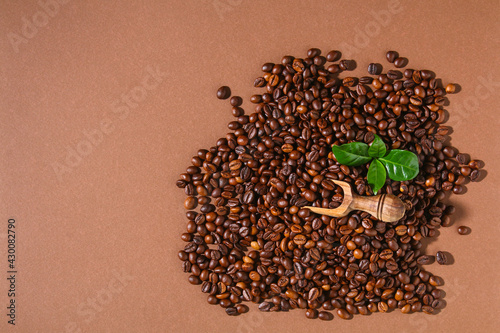 Roasted brown coffee beans on brown background. Top view. Coffee beans in a wooden scoop.