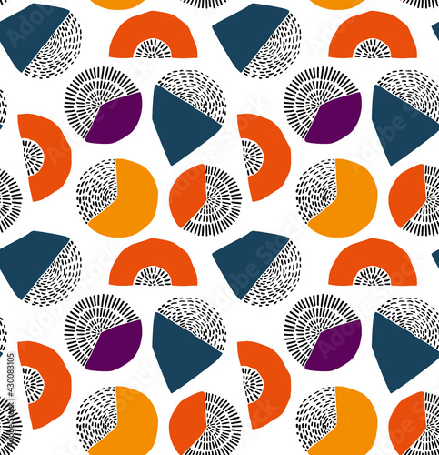 abstract colorful dotted and lines curves circles semicircles geometric shapes seamless pattern, endless repeatable vector illustration texture background