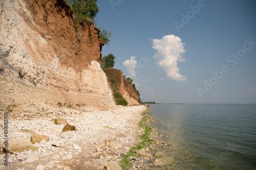 rock, cliff, blue sky, blue sea, green stones, ecology nature