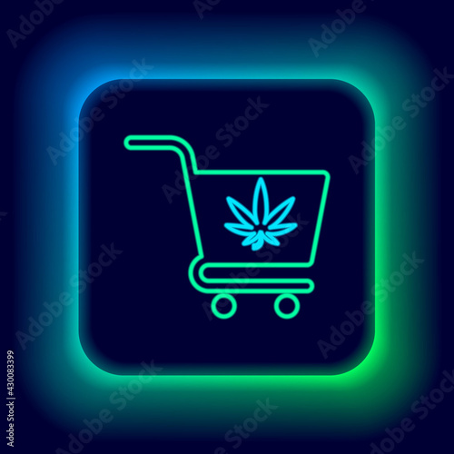 Glowing neon line Shopping cart with marijuana or cannabis leaf icon isolated on black background. Online buying. Delivery service. Supermarket basket. Colorful outline concept. Vector