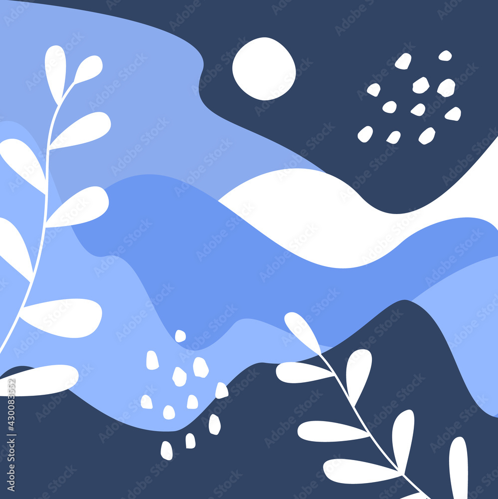 abstract artistic winter christmas cold  season background with wavy fluid shapes foliage snow, trendy modern art textures in shades of blue, vector illustration graphic