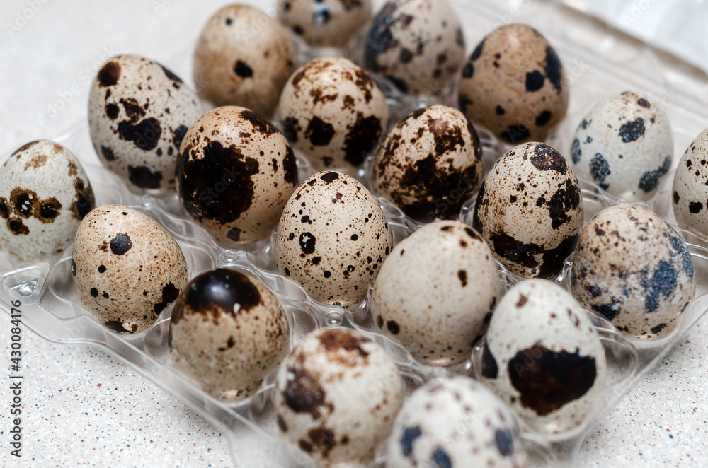 quail eggs in plastic packaging on the table quail eggs in plastic packaging on the table