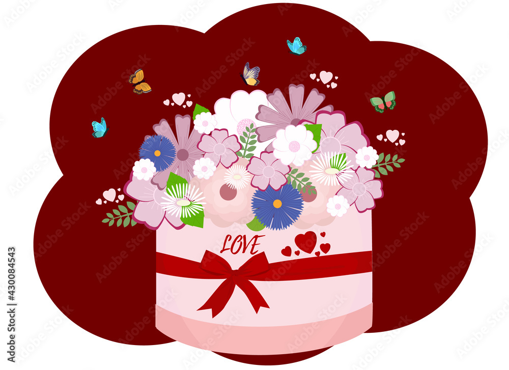 Bouquet of flowers in a gift box tied with a ribbon
